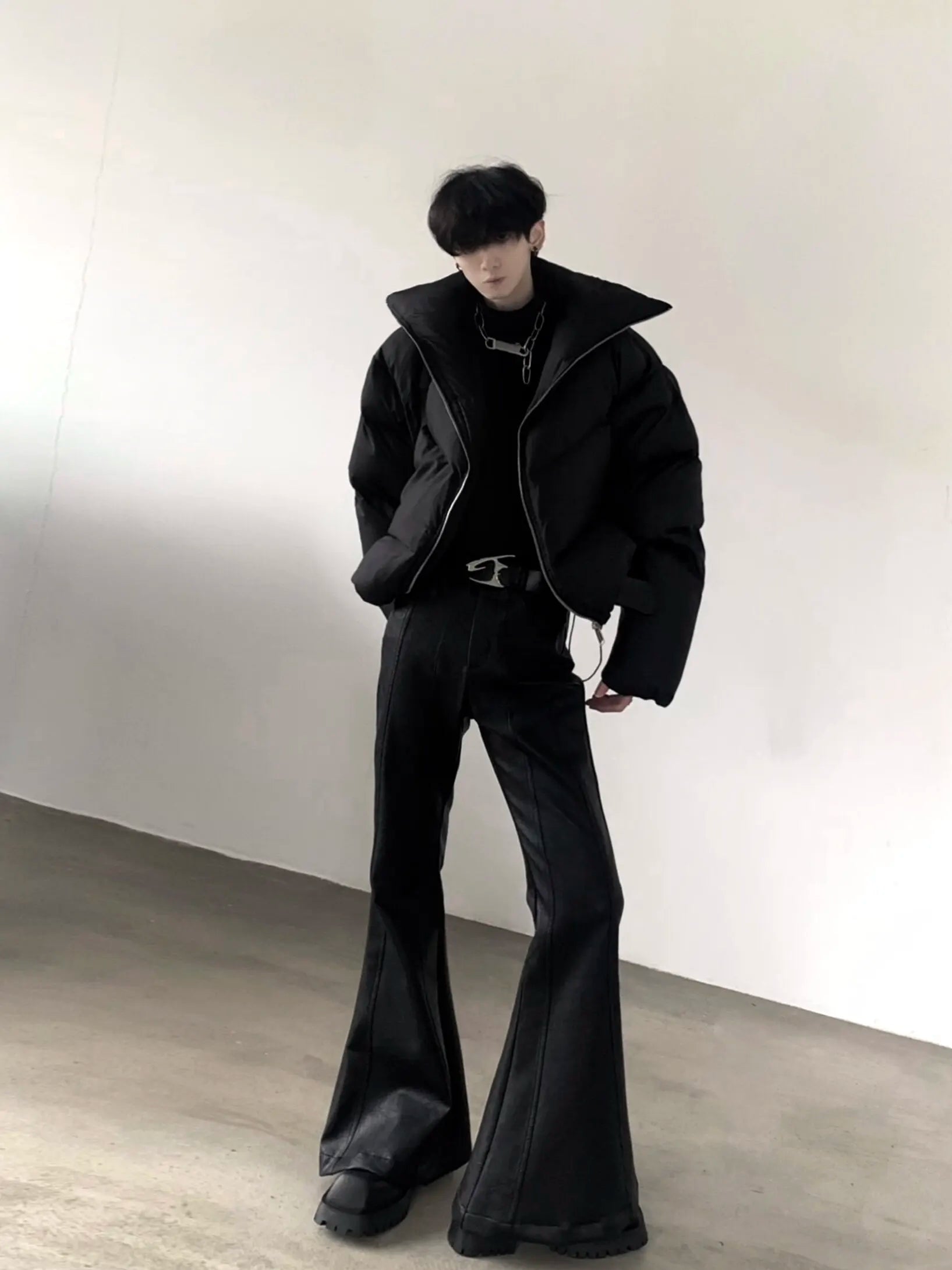Men's Black PU Leather Flare Pants