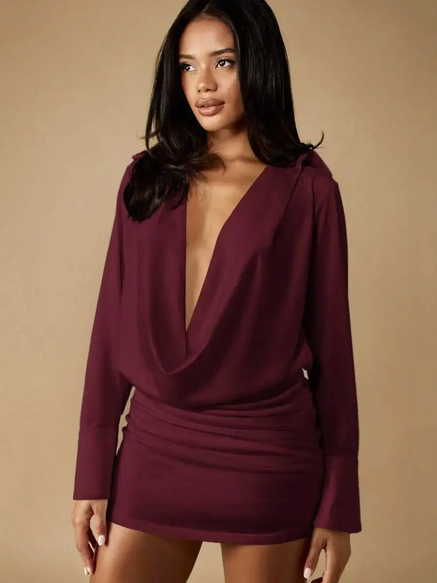 Women Deep V Neck Cowl Mini Shirt Dress