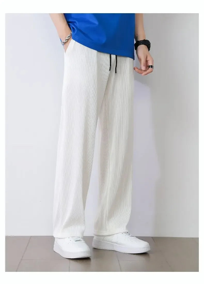 Men’s Summer White Ice Silk Wide-Leg Casual Pants
