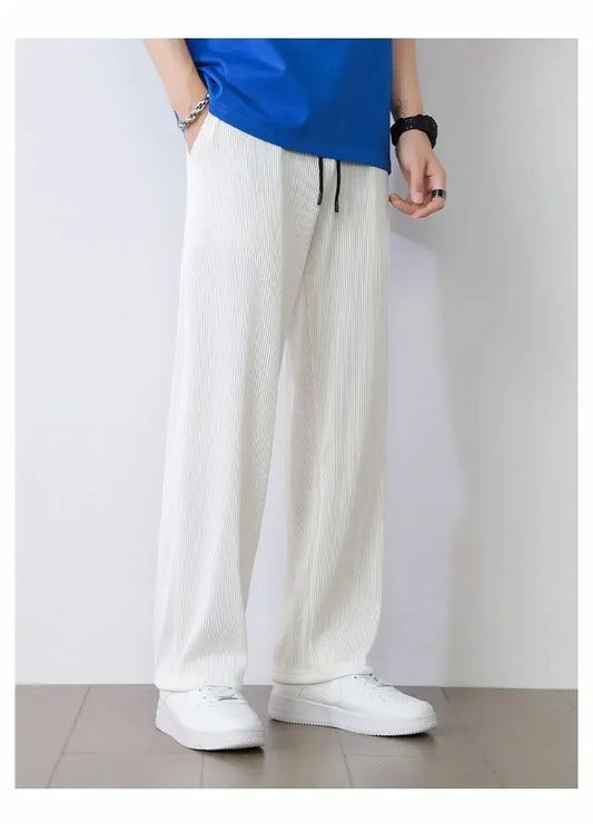 Men’s Summer White Ice Silk Wide-Leg Casual Pants