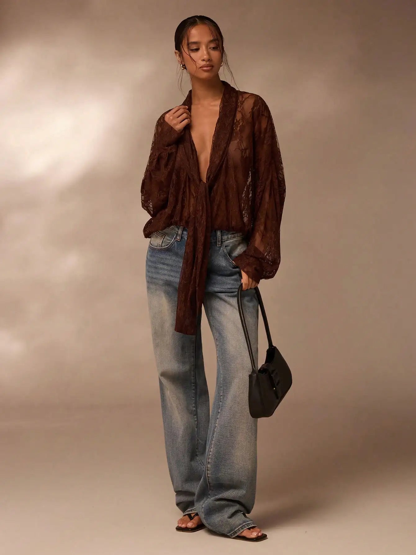 Women Brown V Neck Casual Top