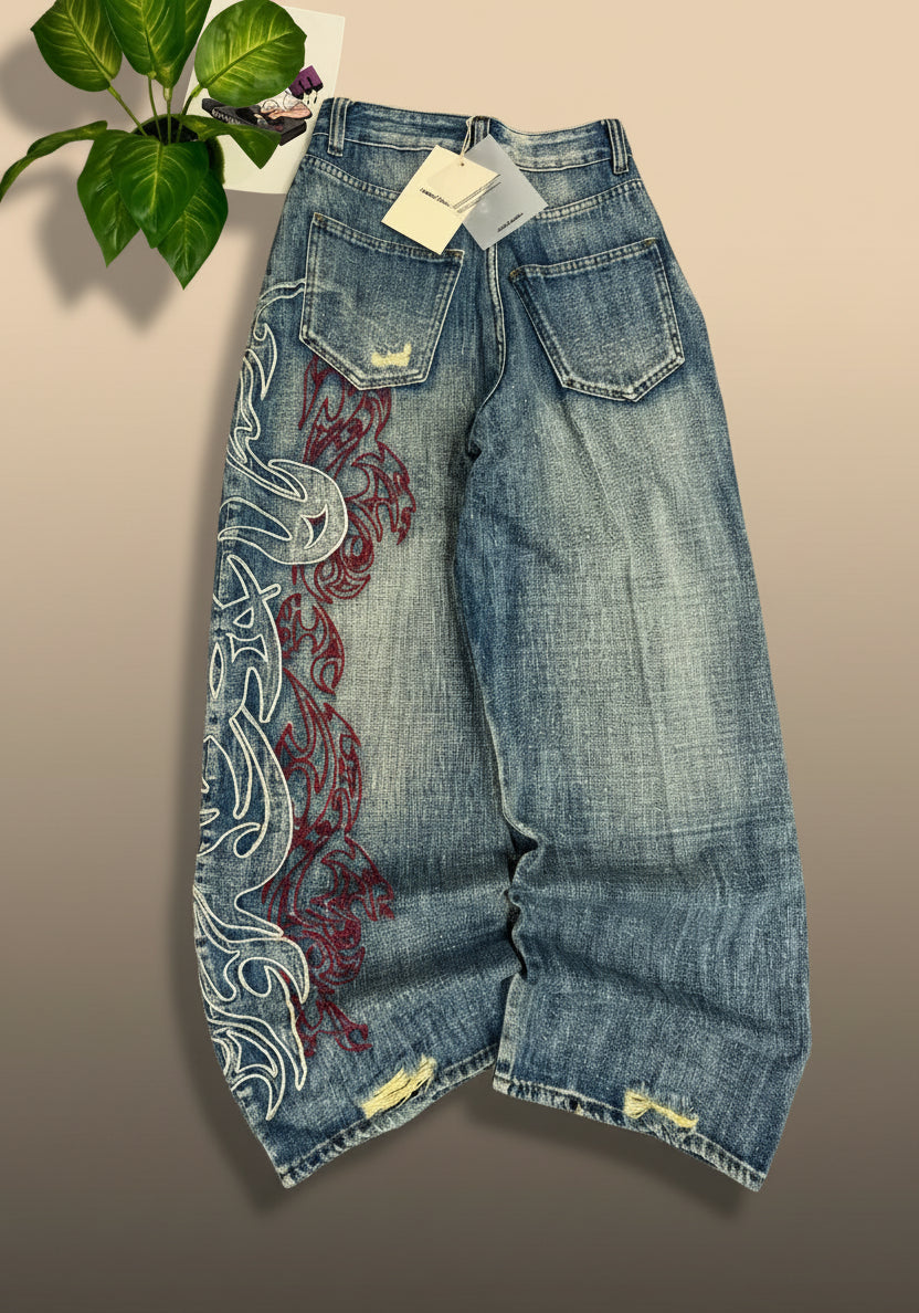 Embroidered Wide Leg Baggy Jeans