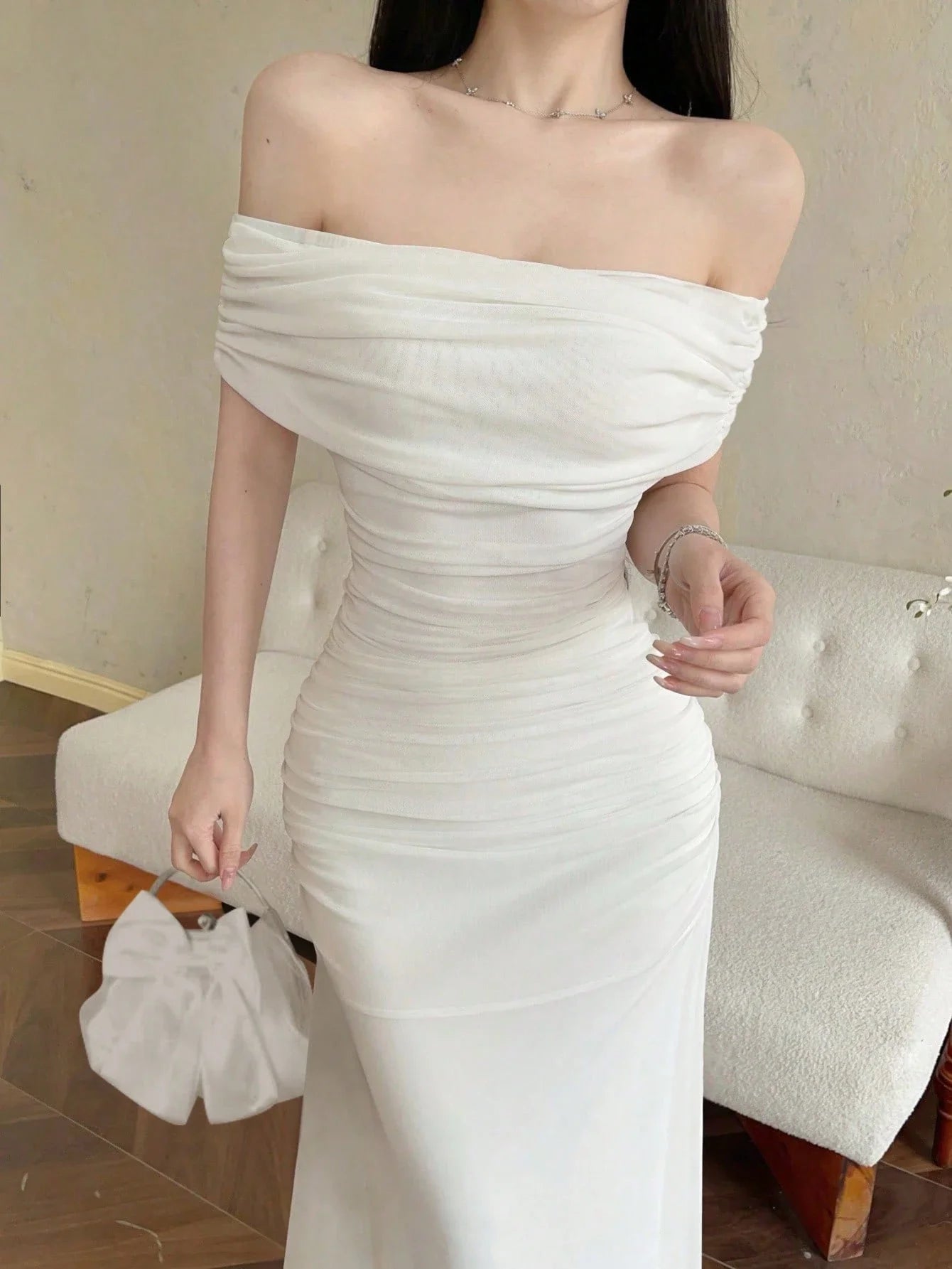 Off Shoulder Ruched Waist Maxi Dress