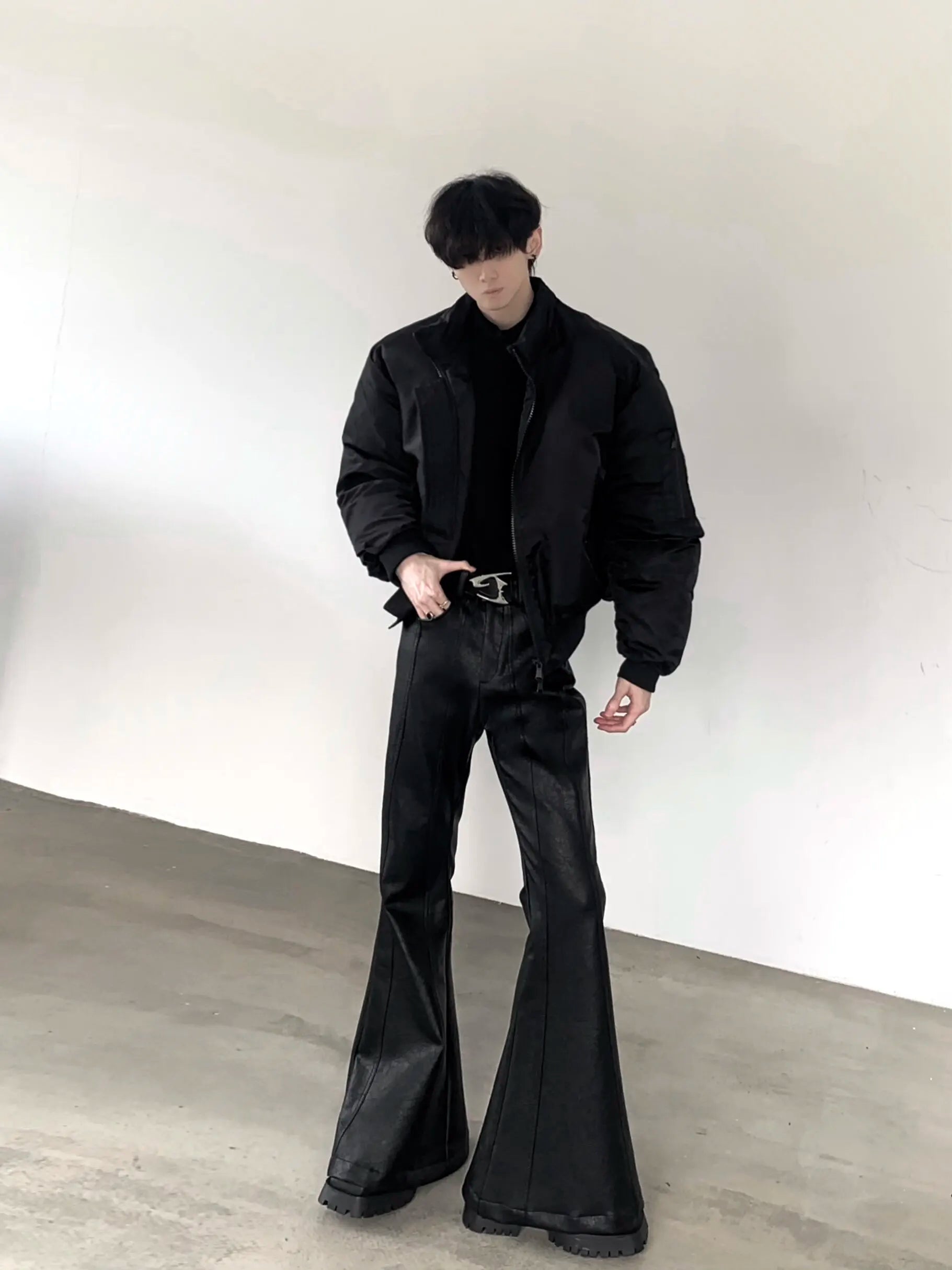 Men's Black PU Leather Flare Pants