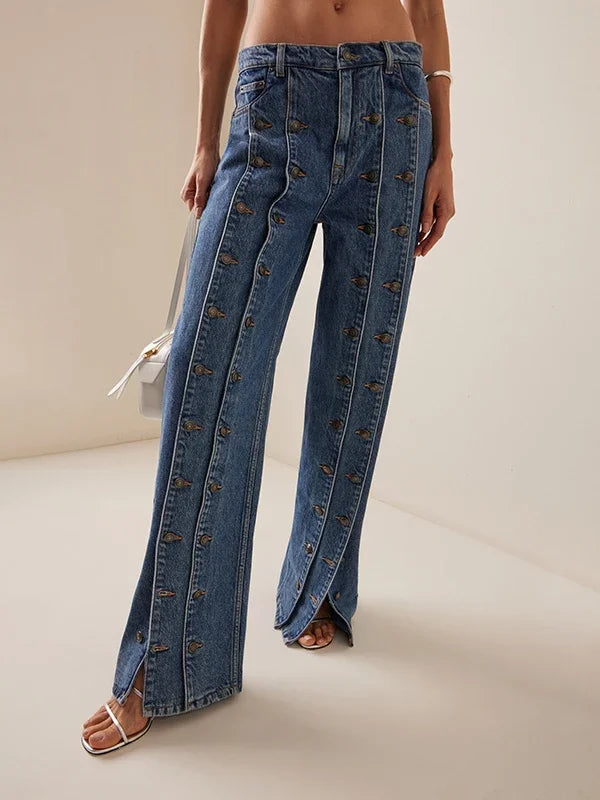 Women Vintage Button Fly Denim Jeans