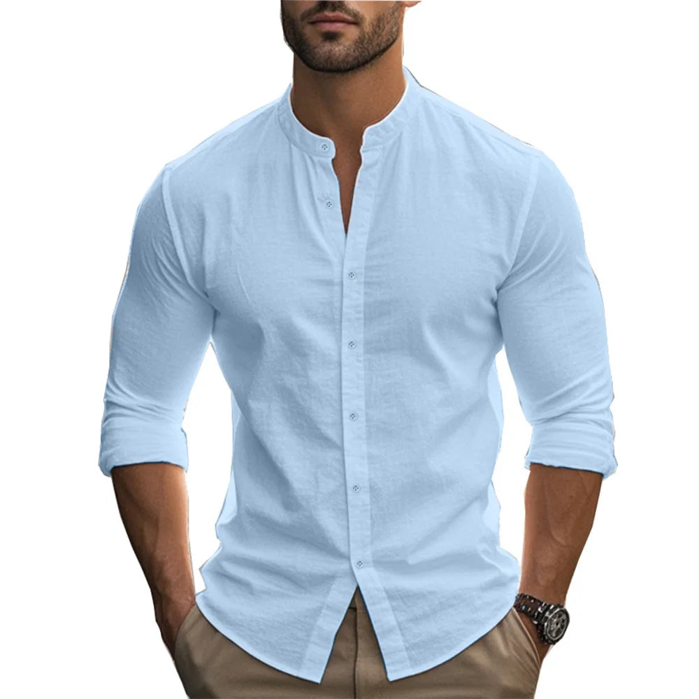 Men's Cotton Linen Slim Fit Henry Shirt