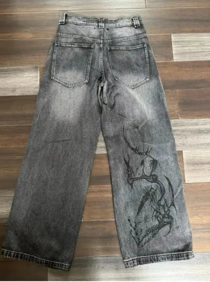 Vintage Washed Wide Leg Graphic Jeans