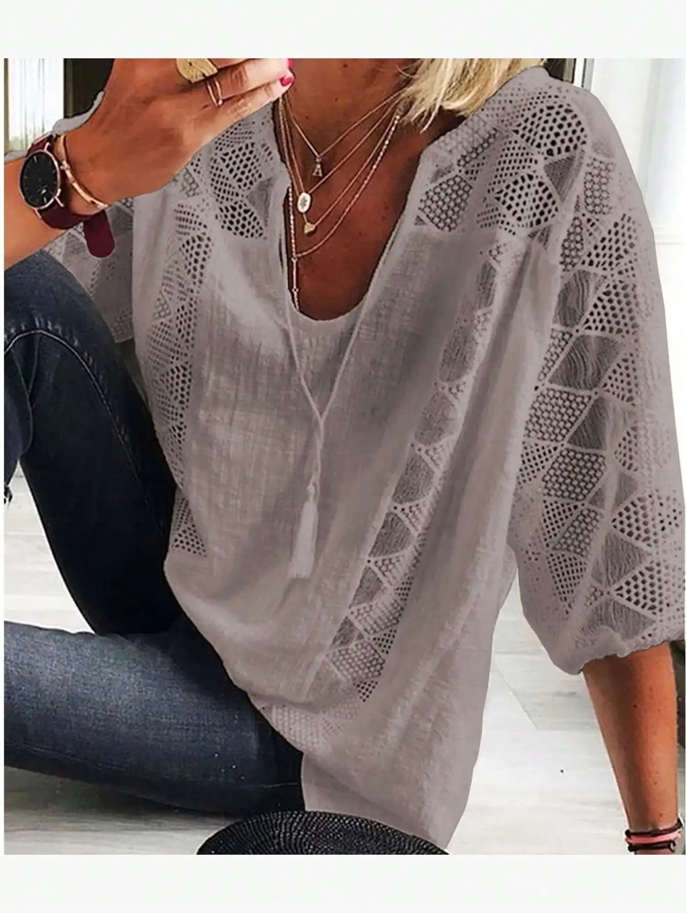 Women’s V-Neck Lace Loose Fit Shirt