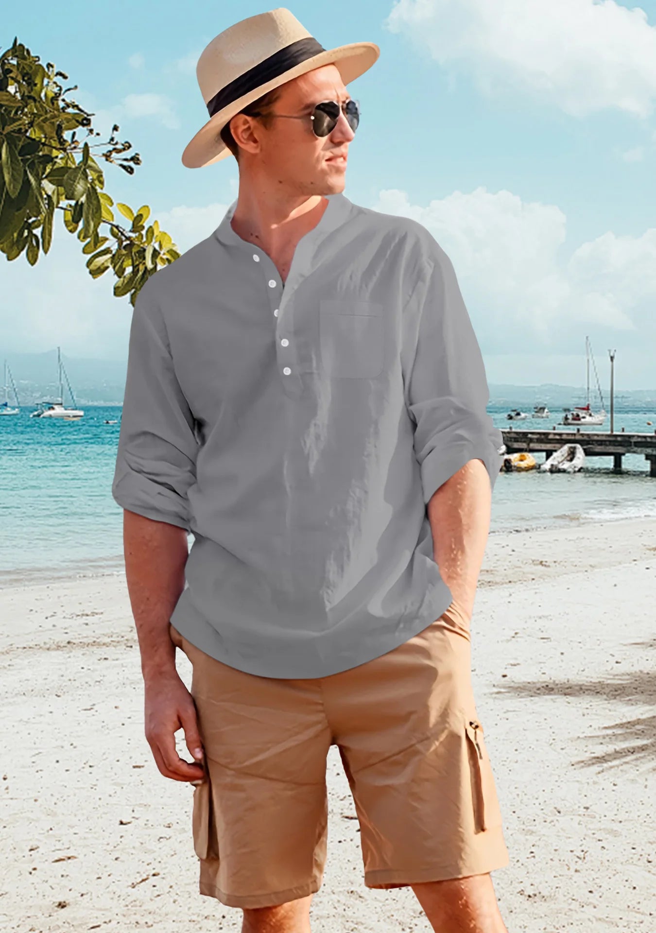 Men Cotton Long Sleeve Henley Shirt