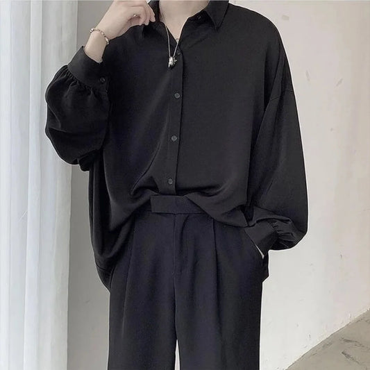 Men’s Black Long-Sleeve Casual Korean Shirt