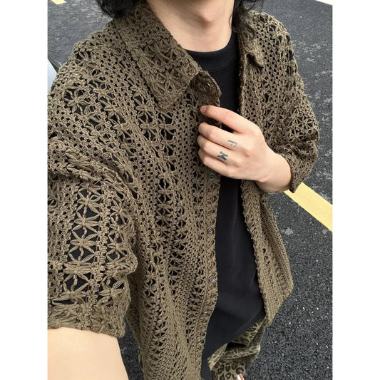 Army Green Hollow-Out Knit Shirt