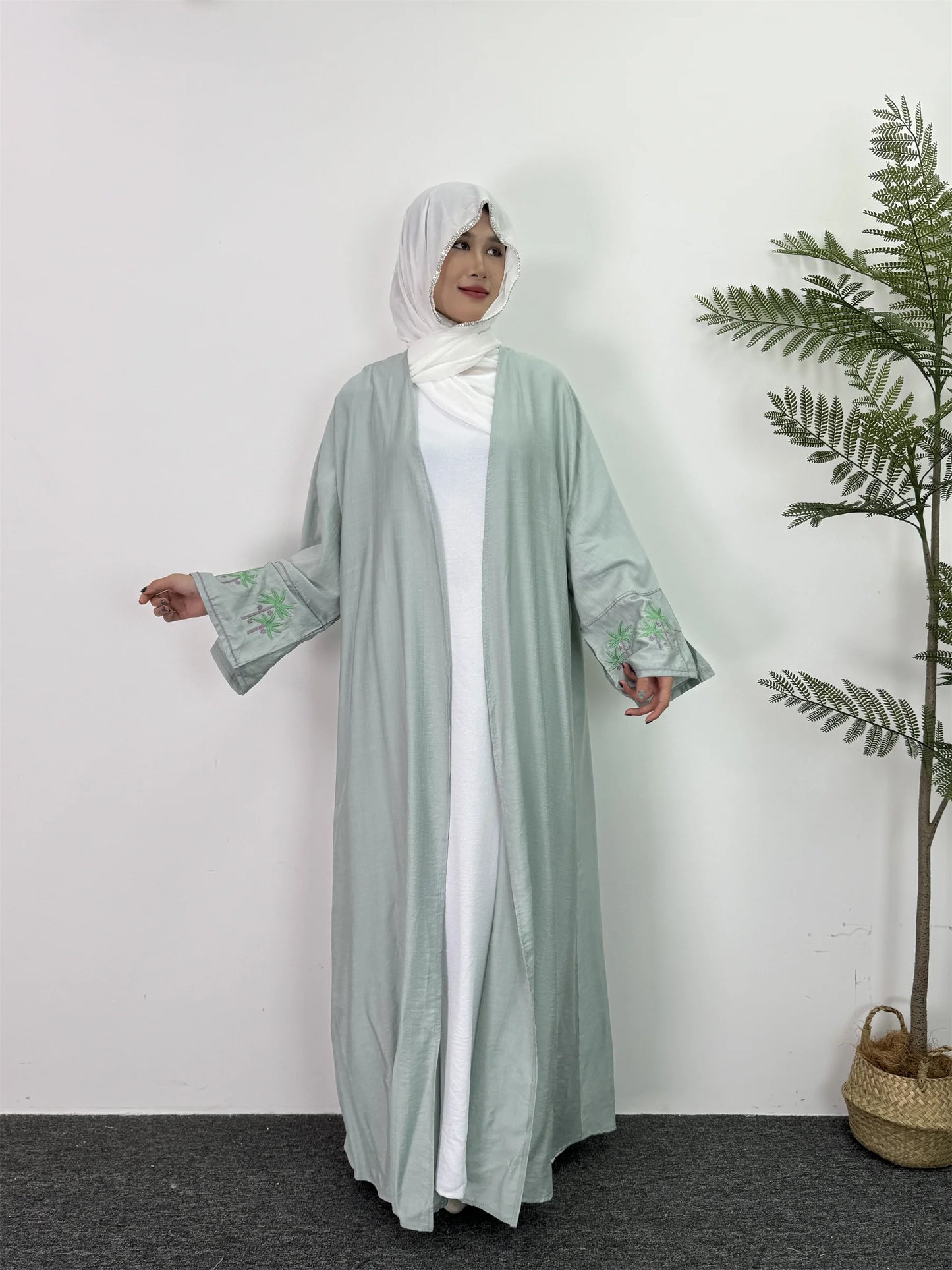 Muslim Embroidered Open Abaya Long Sleeve Cardigan Kaftan for Women