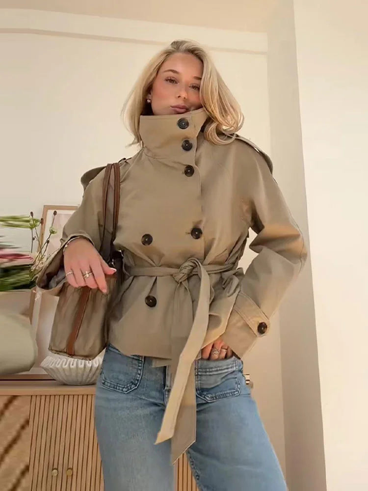 Women’s Belted Waist Cropped Trench Jacket