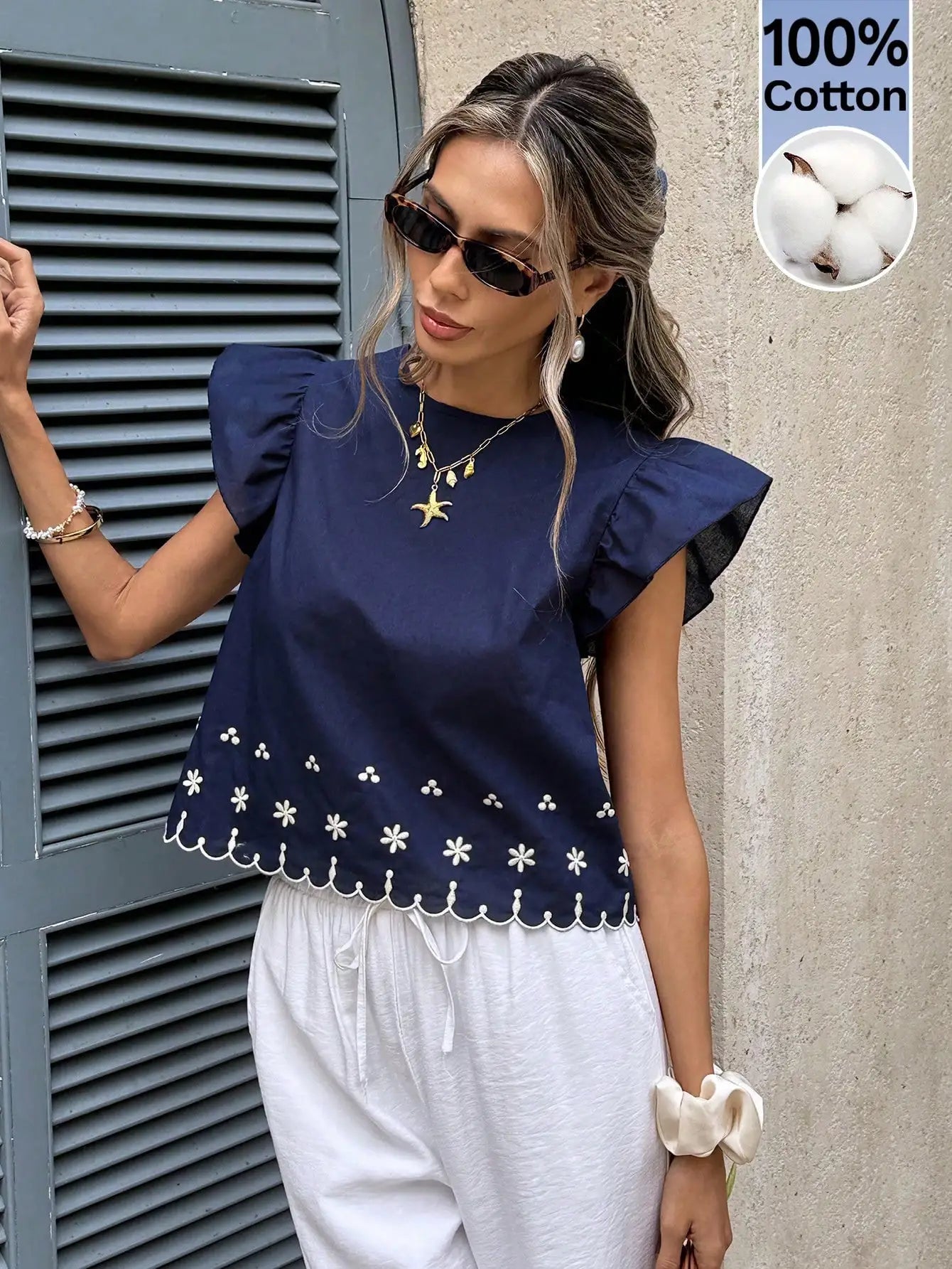 Women's Floral Embroidered Ruffle Hem Blouse