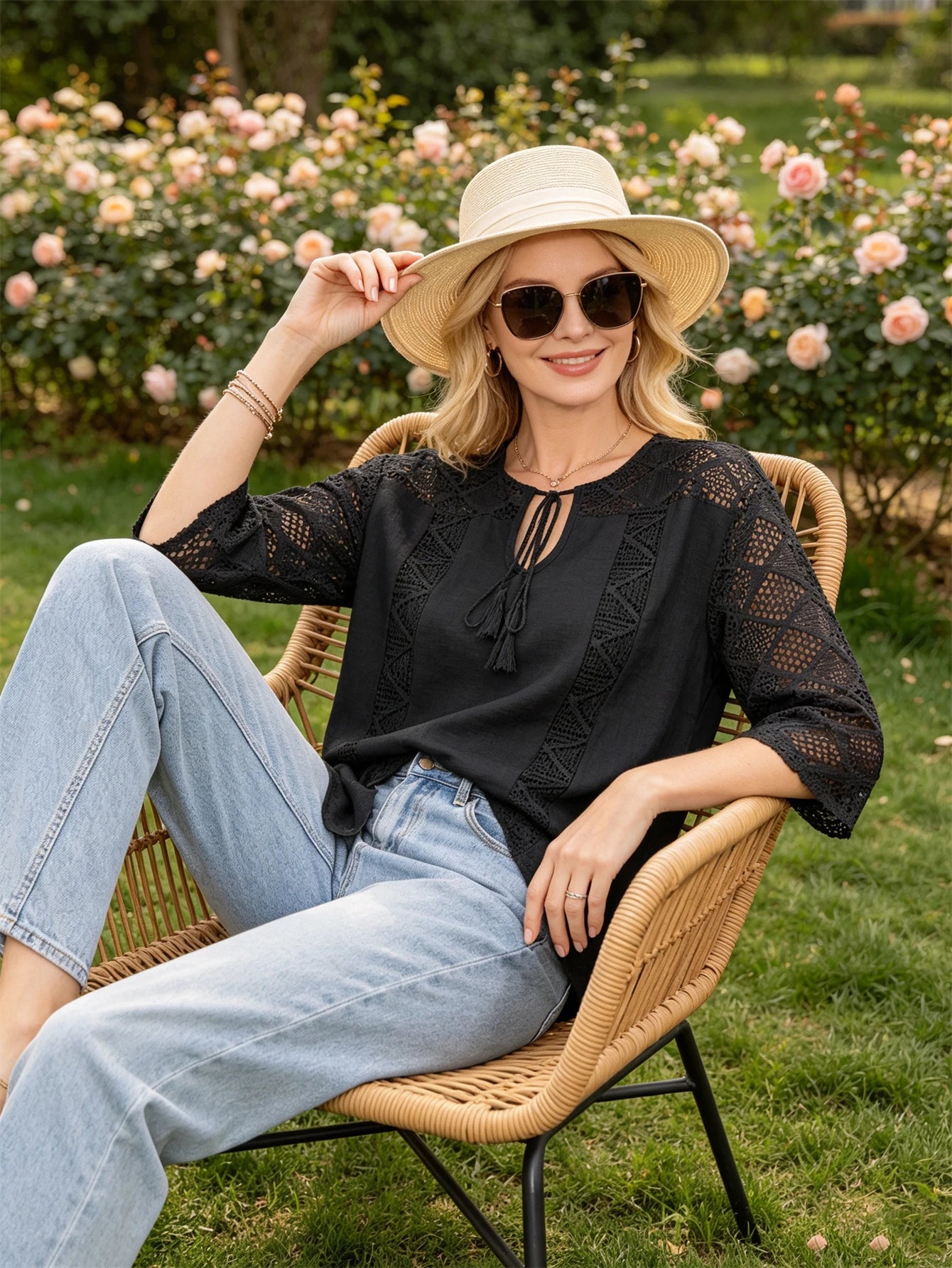 Women’s V-Neck Lace Loose Fit Shirt