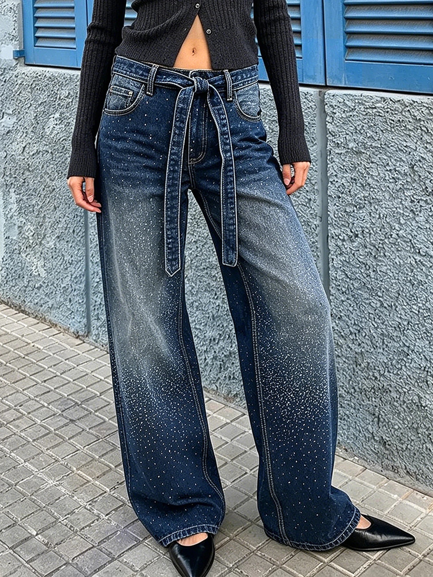 Women Rhinestone High Waist Jeans
