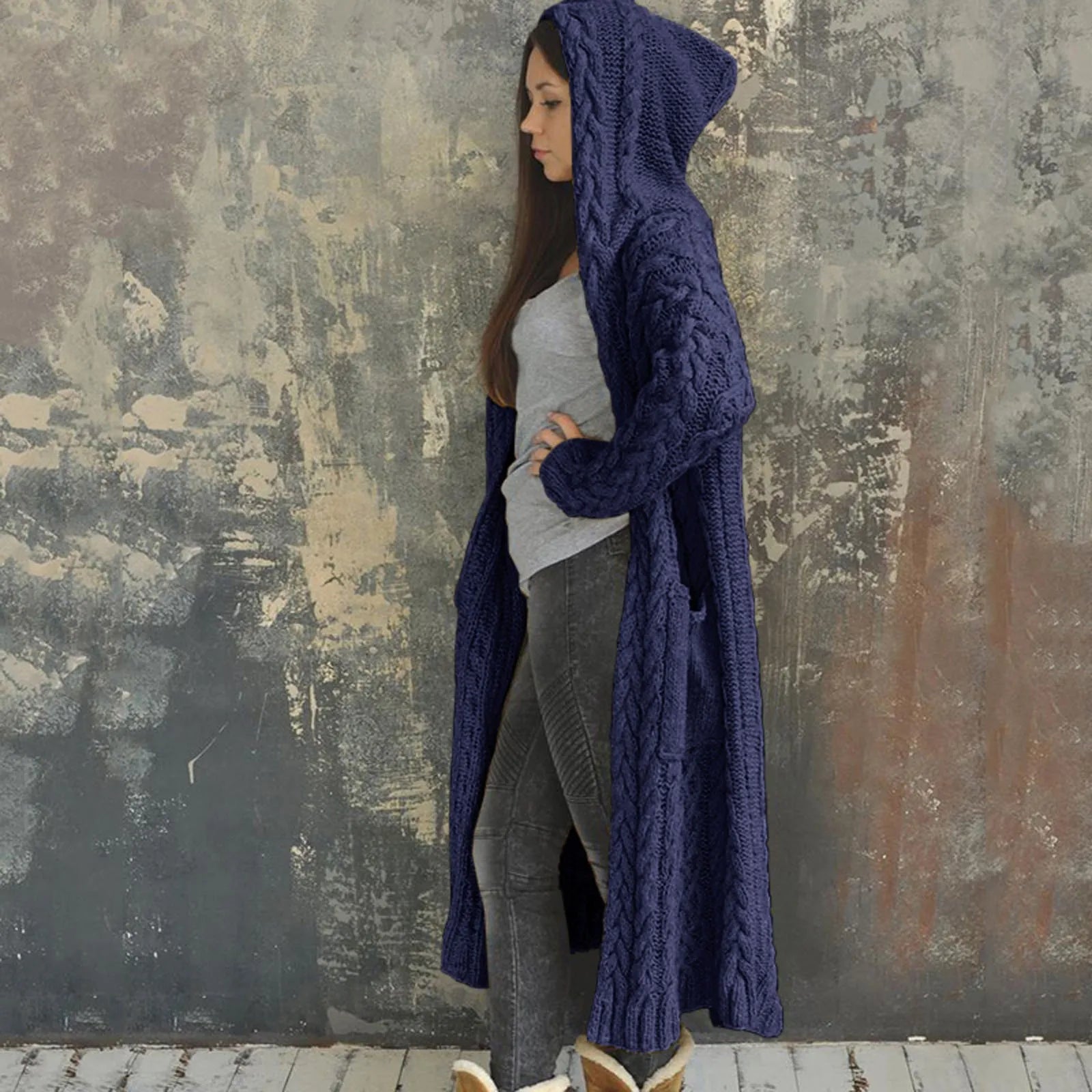 Hooded Long Cable Cardigan
