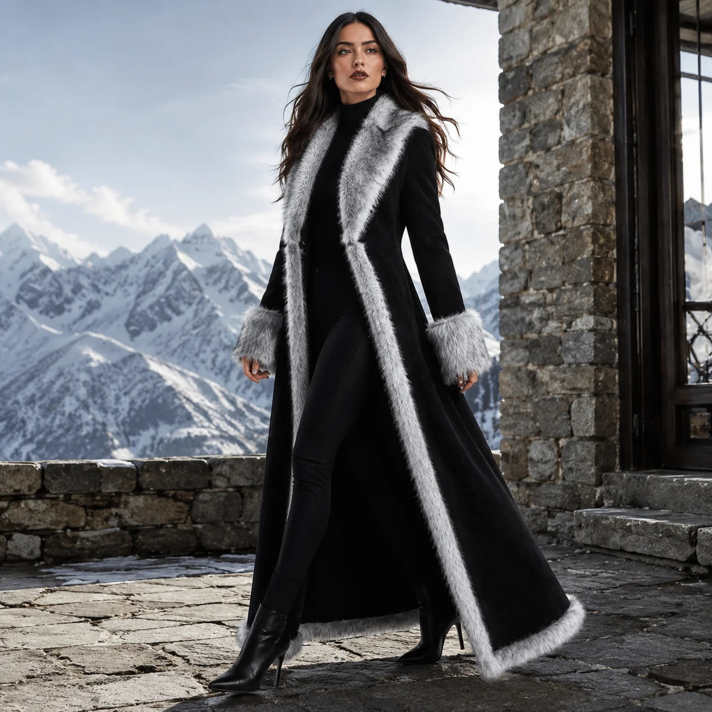 Women’s Black Faux Fur Trim Maxi Coat