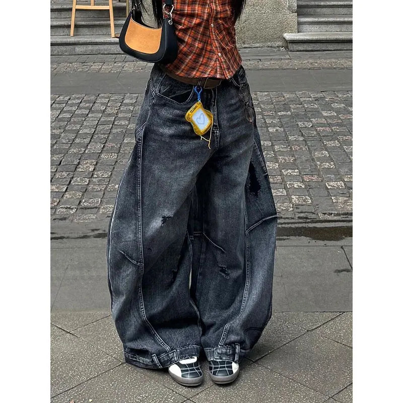 Women Vintage Black Cargo Jeans