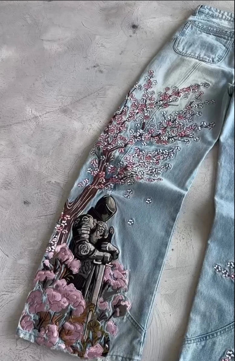 Y2K Cherry Blossom Embroidered Wide-Leg Jeans