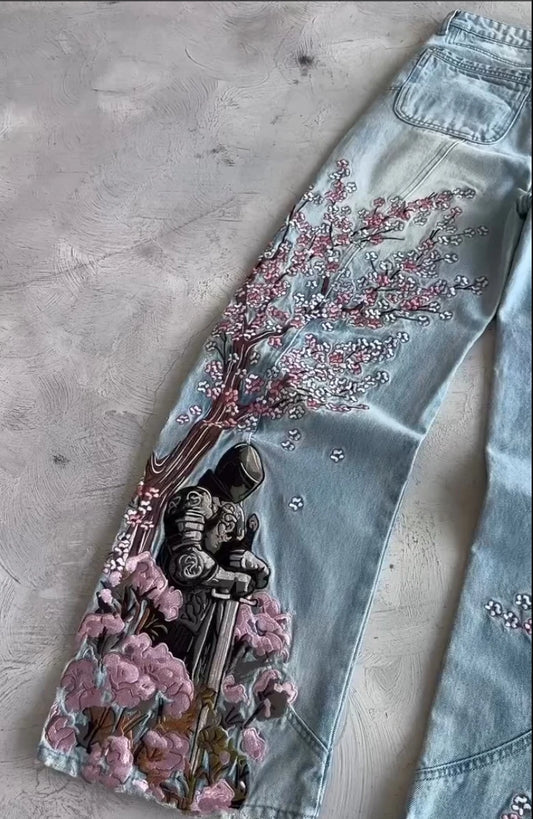 Y2K Cherry Blossom Embroidered Wide-Leg Jeans