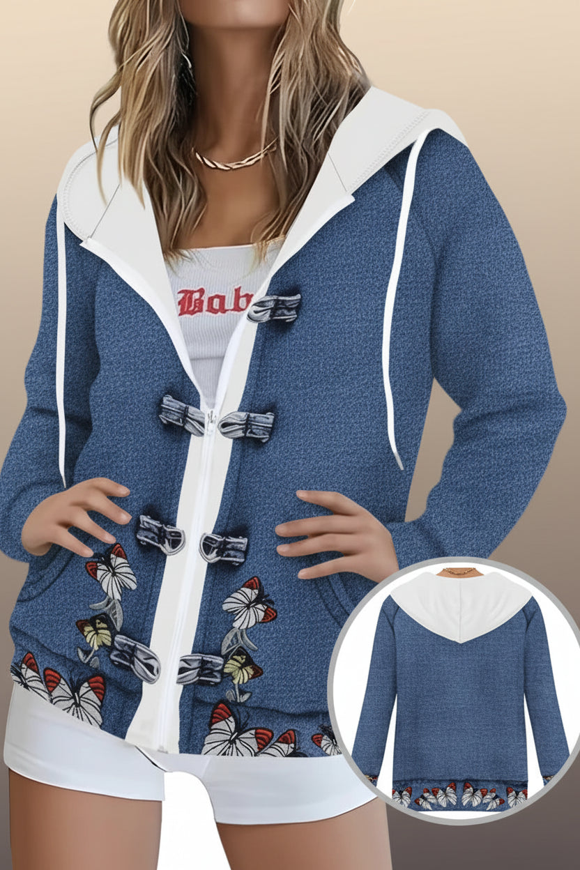 Plus Size Women’s Butterfly Print Hooded Jacket