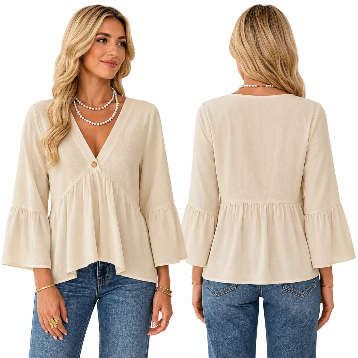 Women’s V-Neck Bell Sleeve Loose Fit Blouse