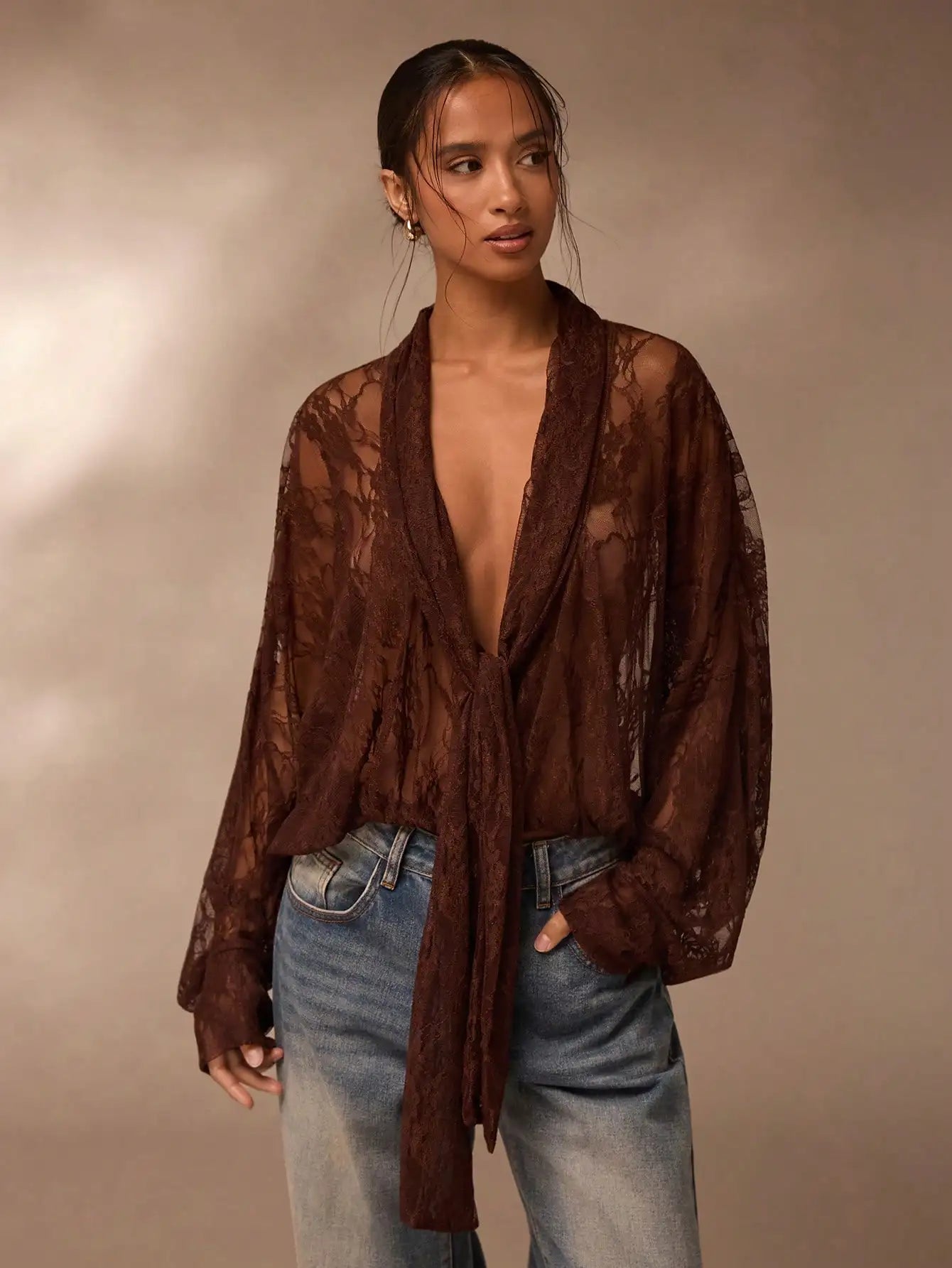 Women Brown V Neck Casual Top